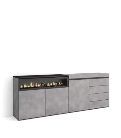Aparadores para salón, 207x35x75cm, Chimenea eléctrica, Cómoda, Cajonera, Cemento - Muebles de salón modernos