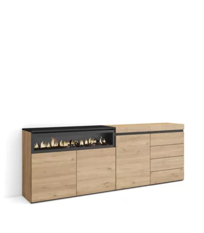 Aparadores para salón, 207x35x75cm, Chimenea eléctrica, Cómoda, Cajonera, Roble - Muebles de salón modernos