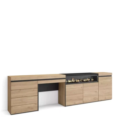 Aparadores para salón, 277x35x75cm, Chimenea eléctrica, Cómoda, Cajonera, Tocador, Roble - Muebles de salón modernos
