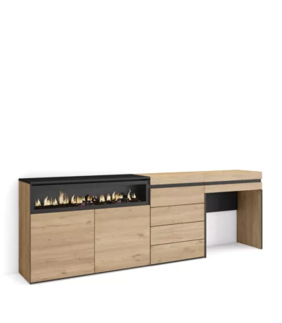 Aparadores para salón, 227x35x75cm, Chimenea eléctrica, Cómoda, Cajonera, Tocador, Roble - Muebles de salón modernos