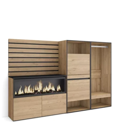 Aparadores para salón, 227x35x145cm, Chimenea eléctrica XXL, Zapatero, Vestidor abierto, Roble - Muebles de salón modernos