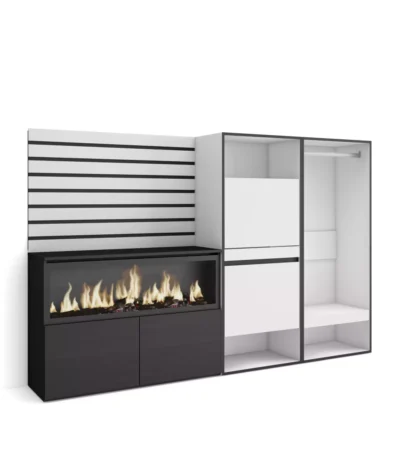 Aparadores para salón, 227x35x145cm, Chimenea eléctrica XXL, Zapatero, Vestidor abierto, Blanco y Negro - Muebles de salón modernos