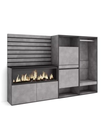Aparadores para salón, 227x35x145cm, Chimenea eléctrica XXL, Zapatero, Vestidor abierto, Cemento - Muebles de salón modernos
