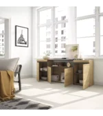 "Aparador moderno de salón en roble y negro de 200x35x75cm - Muebles industriales contemporáneos"