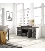 "Aparador moderno para salón con chimenea eléctrica en blanco y negro de 200x35x75cm, estilo muebles industriales"