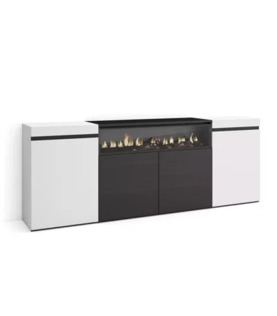 "Aparador moderno de 200x35x75cm en blanco y negro con chimenea eléctrica para salón, estilo muebles industriales"
