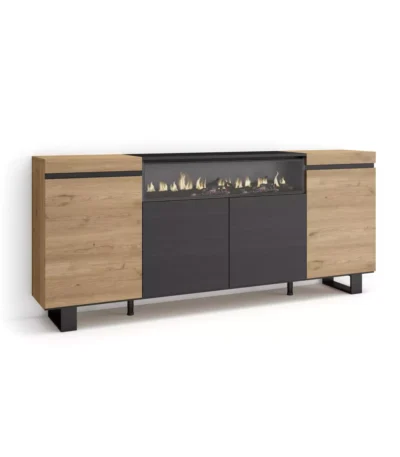 Aparadores para salón, 200x35x87cm, Chimenea eléctrica, Roble y Negro, Diseño industrial - Muebles de salón modernos