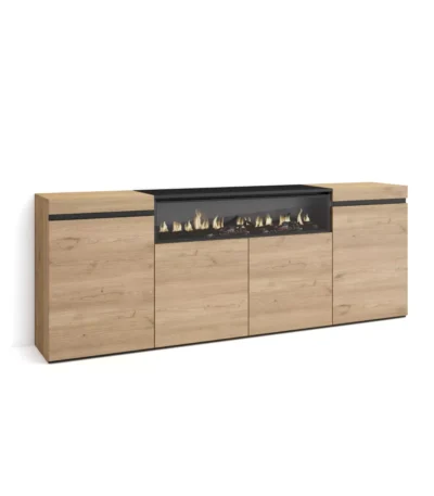 "Aparador moderno de salón en roble y negro, muebles industriales de 200x35x75 cm"