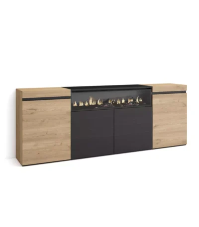 Aparadores para salón, 200x35x75cm, Chimenea eléctrica, Roble y negro - Muebles de salón modernos