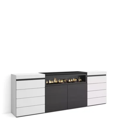 Cómoda, Cajonera, 214x35x75cm, Chimenea eléctrica, Blanco y negro - Muebles de salón modernos
