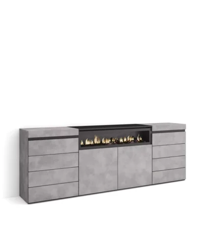 Cómoda, Cajonera, 214x35x75cm, Chimenea eléctrica, Cemento - Muebles de salón modernos