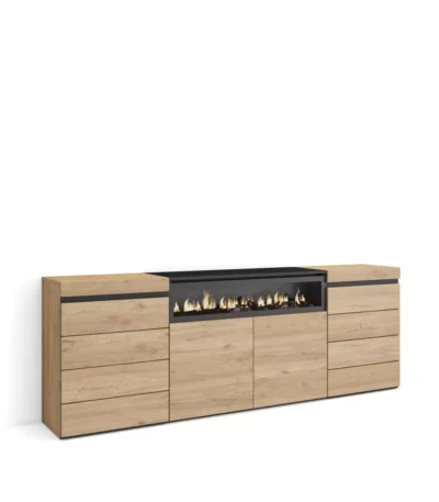 Cómoda, Cajonera, 214x35x75cm, Chimenea eléctrica, Roble - Muebles de salón modernos