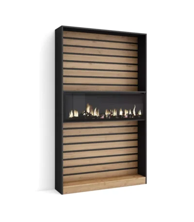 Librería estantería, 110x25x186cm, Chimenea eléctrica, Roble y negro - Muebles de salón modernos