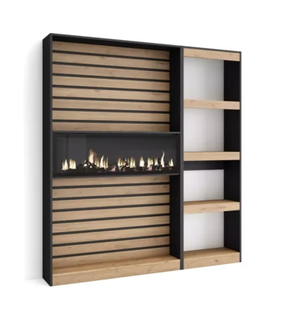 Librería estantería, 170x35x186cm, Chimenea eléctrica, Roble y negro - Muebles de salón modernos