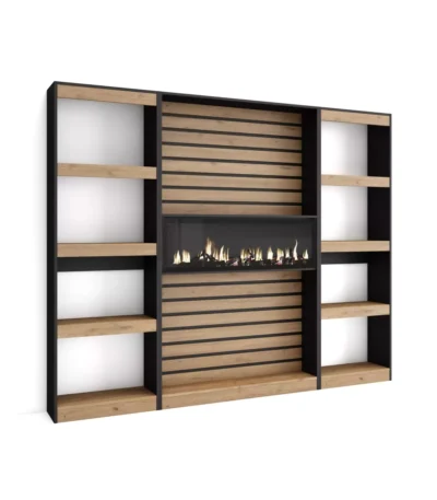 Librería estantería, 230x25x186cm, Chimenea eléctrica, Roble y negro - Muebles de salón modernos