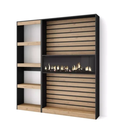 Librería estantería, 170x25x186cm, Chimenea eléctrica XXL, Roble y negro - Muebles de salón modernos