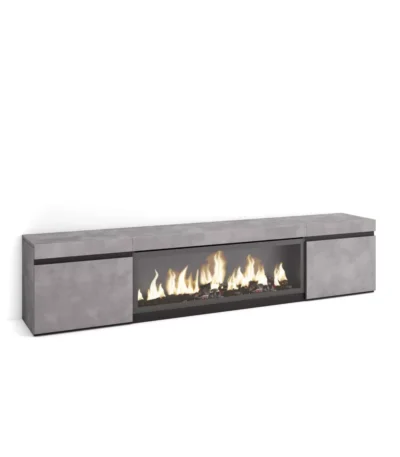 Mueble TV, 208x35x45cm, Televisión, Chimenea eléctrica XXL, Cemento - Muebles de salón modernos