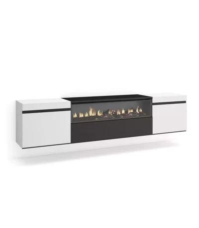 Mueble TV, 200x35x45cm, Televisión, Chimenea eléctrica, Colgado, Suspendido, Blanco y Negro - Muebles de salón modernos