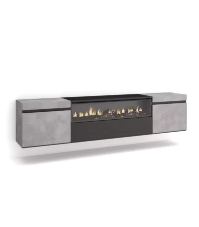 Mueble TV, 200x35x45cm, Televisión, Chimenea eléctrica, Colgado, Suspendido, Cemento y Negro - Muebles de salón modernos