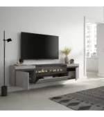 Mueble TV colgado de cemento con chimenea eléctrica, estilo moderno industrial.