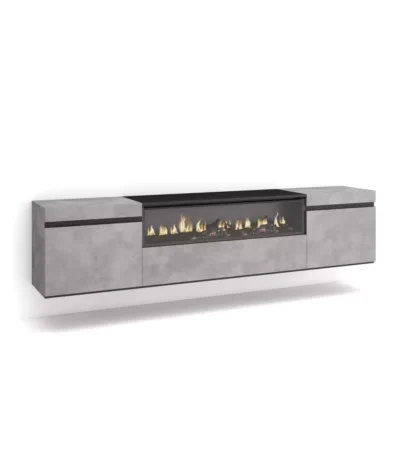 "Mueble TV colgado de cemento con chimenea eléctrica, estilo moderno industrial"
