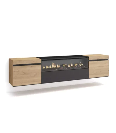 Mueble TV, 200x35x45cm, Televisión, Chimenea eléctrica, Colgado, Suspendido, Roble y Negro - Muebles de salón modernos
