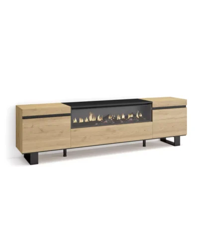 Mueble TV, 200x35x57cm, Televisión, Chimenea eléctrica, Roble, Diseño industrial - Muebles de salón modernos