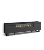 "Mueble TV moderno industrial negro con chimenea eléctrica, diseño elegante y funcional, ideal para salas contemporáneas"