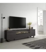 "Mueble TV moderno industrial negro con chimenea eléctrica, diseño contemporáneo de 200x35x57cm - vista lateral"
