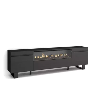 "Mueble TV moderno industrial negro con chimenea eléctrica, diseño elegante y funcional, ideal para salas contemporáneas"