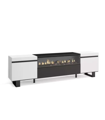 Mueble TV, 200x35x57cm, Televisión, Chimenea eléctrica, Blanco y Negro - Muebles de salón modernos