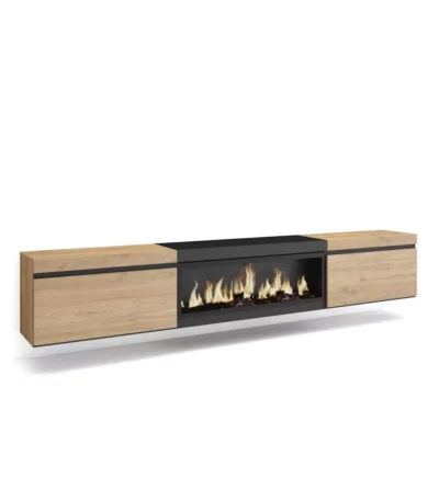 Mueble TV, 267x35x45cm, Televisión, Chimenea eléctrica XXL, Colgado, Suspendido, Roble - Muebles de salón modernos