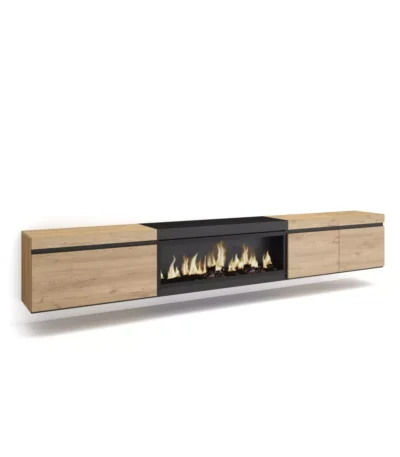 Mueble TV, 288x35x45cm, Televisión, Chimenea eléctrica XXL, Colgado, Suspendido, Roble - Muebles de salón modernos