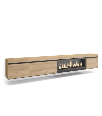 Mueble TV, 288x35x45cm, Televisión, Chimenea eléctrica XXL, Colgado, Suspendido, Roble - Muebles de salón modernos