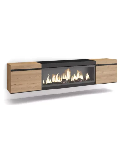 Mueble TV, 208x35x45cm, Televisión, Chimenea eléctrica XXL, Colgado, Suspendido, Roble y Negro - Muebles de salón modernos