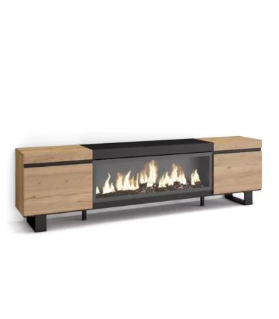 Mueble TV, 208x35x57cm, Televisión, Chimenea eléctrica XXL, Roble y Negro - Muebles de salón modernos