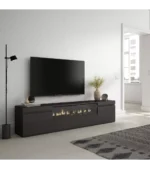 "Mueble TV moderno industrial negro de 200x35x45cm con chimenea eléctrica, mueble número 3 de nuestra colección de muebles industriales para salón."