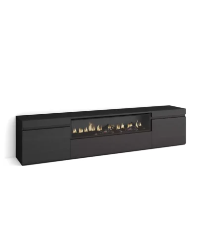 "Mueble TV moderno industrial de 200x35x45cm con chimenea eléctrica en color negro, ideal para salones modernos e industriales - Muebles Baratos Online"