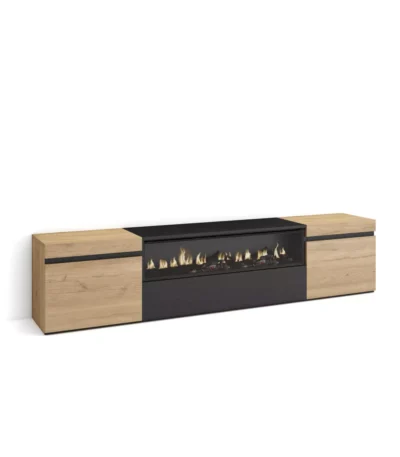 Mueble TV, 200x35x45cm, Televisión, Chimenea eléctrica, Roble y negro - Muebles de salón modernos