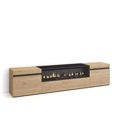 Mueble TV, 200x35x45cm, Televisión, Chimenea eléctrica, Roble y negro - Muebles de salón modernos