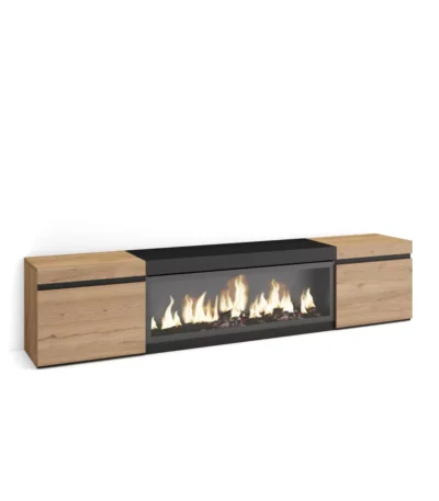 Mueble TV, 208x35x45cm, Televisión, Chimenea eléctrica XXL, Roble y negro - Muebles de salón modernos