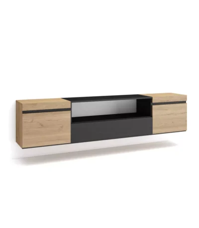 Mueble TV, 200x35x45cm, Televisión, Roble y negro, Colgado, Suspendido, Roble y Negro - Muebles de salón modernos