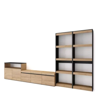 Muebles de Salón para TV, 370x35x186cm, Roble y negro - Muebles de salón modernos