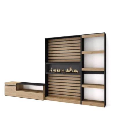 Muebles de Salón para TV, 320x35x186cm, Chimenea eléctrica, Roble y negro - Muebles de salón modernos