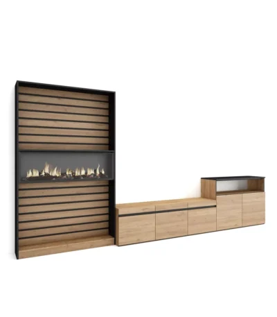 Muebles de Salón para TV, 360x35x186cm, Chimenea eléctrica, Roble y negro - Muebles de salón modernos