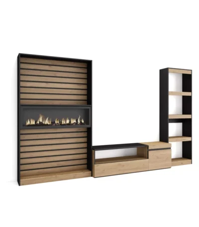 Muebles de Salón para TV, 320x35x186cm, Chimenea eléctrica, Roble y negro - Muebles de salón modernos