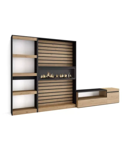 Muebles de Salón para TV, 320x35x186cm, Chimenea eléctrica, Roble y negro - Muebles de salón modernos