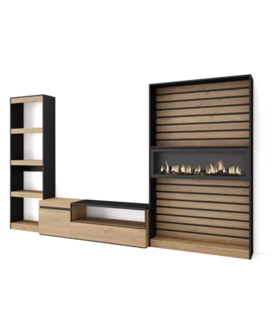 Muebles de Salón para TV, 320x35x186cm, Chimenea eléctrica XXL, Roble y negro - Muebles de salón modernos
