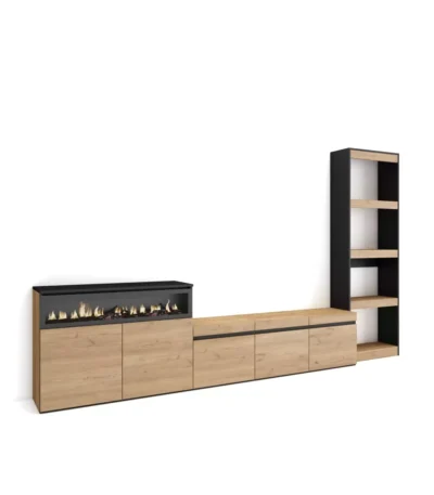 Muebles de Salón para TV, 310x35x186cm, Chimenea eléctrica, Roble y negro - Muebles de salón modernos