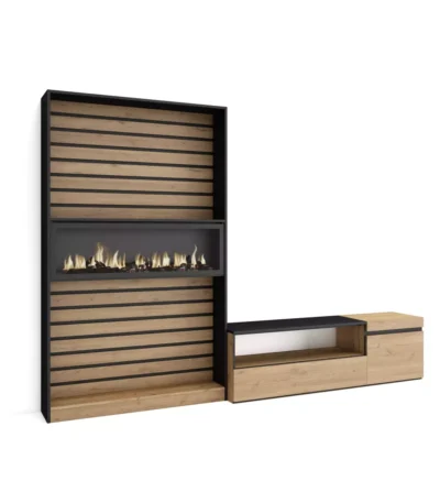 Muebles de Salón para TV, 260x35x186cm, Chimenea eléctrica, Roble y negro - Muebles de salón modernos